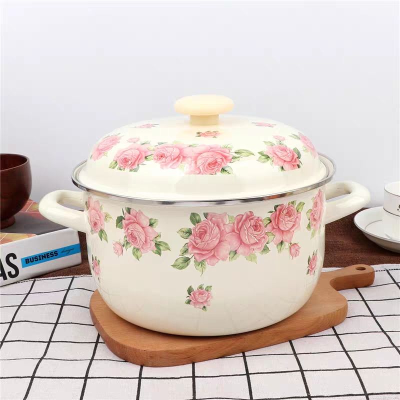 Fondue Pot Ceramic - Thickened 16-24cm Elegant Pink Rose Enamel