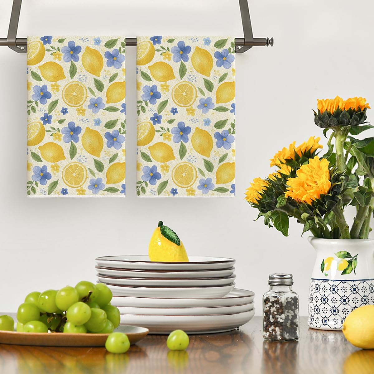 2Pcs, Blue Flower Lemon Kitche - Home Cooking Is The Best 评论和价格